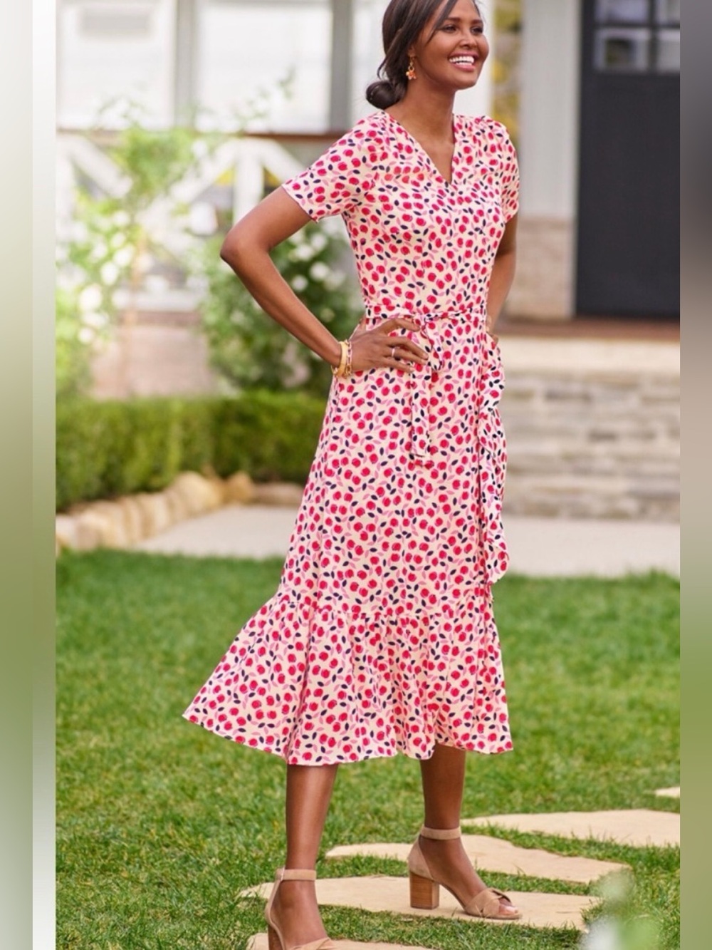 TALBOTS Cascade Faux Wrap Crepe
Dress - Red,Pink Floral Tulip Sz 14
